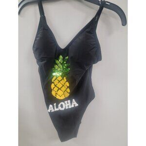 Womens‎ Black Aloha Pineapple Sequin Swimsuit Size S